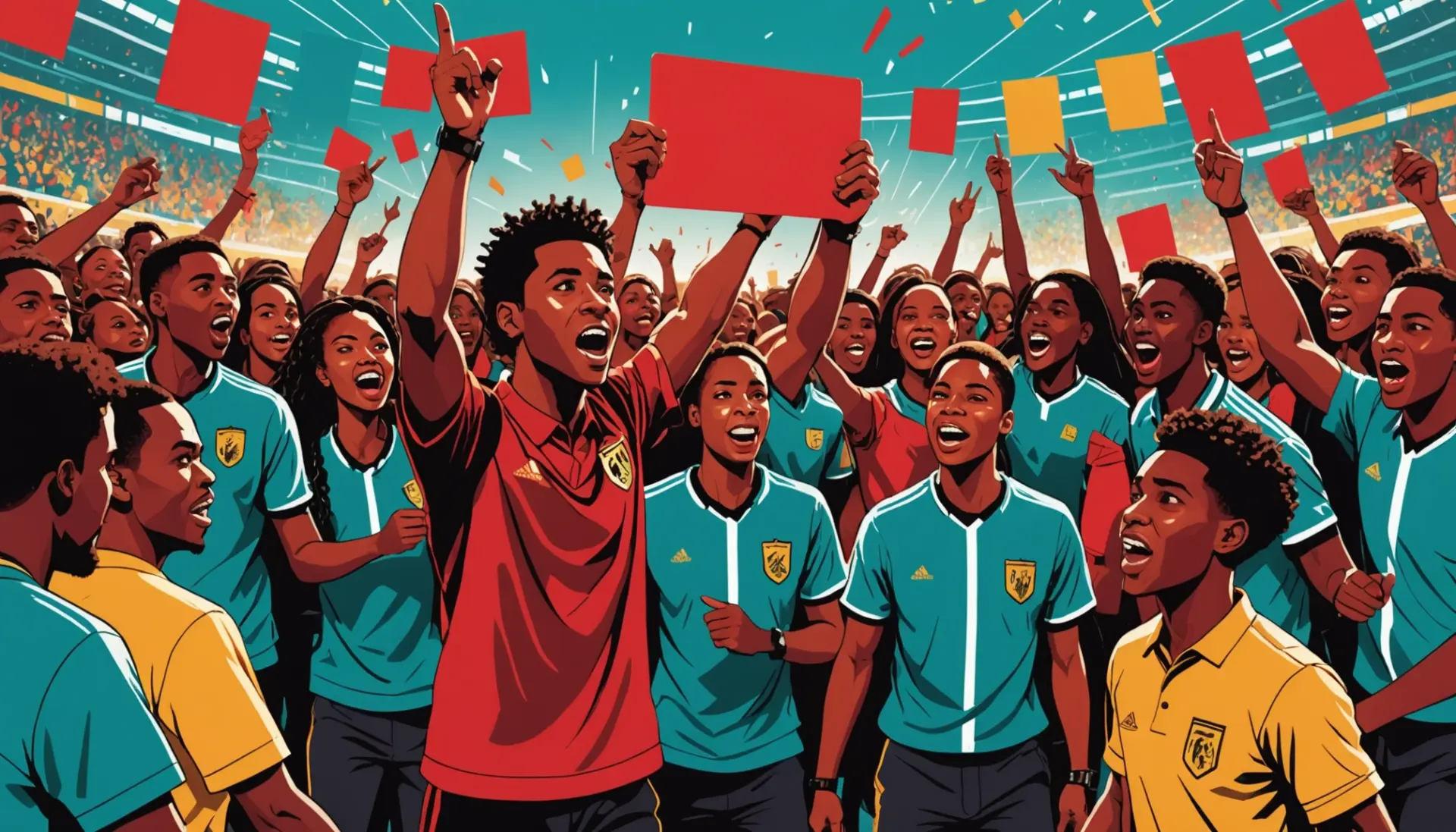 Editorial illustration showing the phrase what does a red card mean visually represented by a red card icon and people reacting