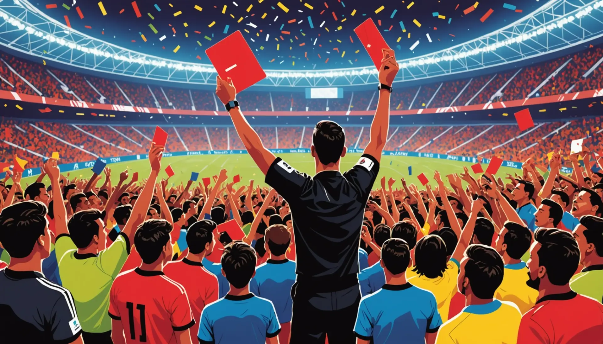 Editorial illustration showing a referee brandishing a red card, with fans reacting, representing what does red card mean in world cup