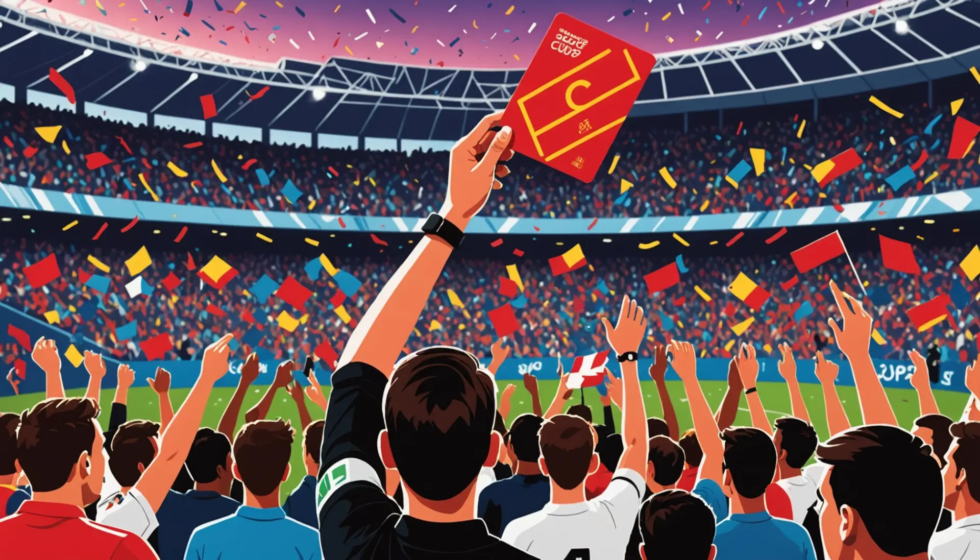 Illustration showing what does a red card mean in the world cup with a referee holding a red card above a stadium
