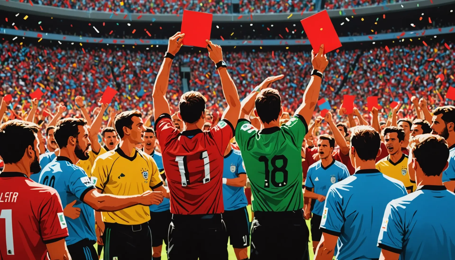 Illustration showing the moment of a red card being shown with the phrase what does a red card mean in soccer world cup