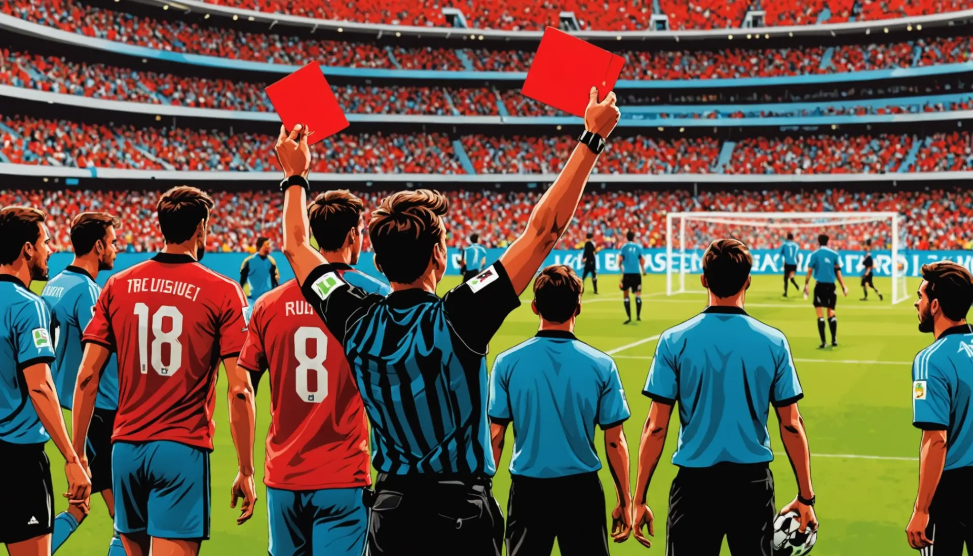 Illustration showing a referee brandishing a red card during a World Cup match, highlighting what does red card mean in soccer world cup