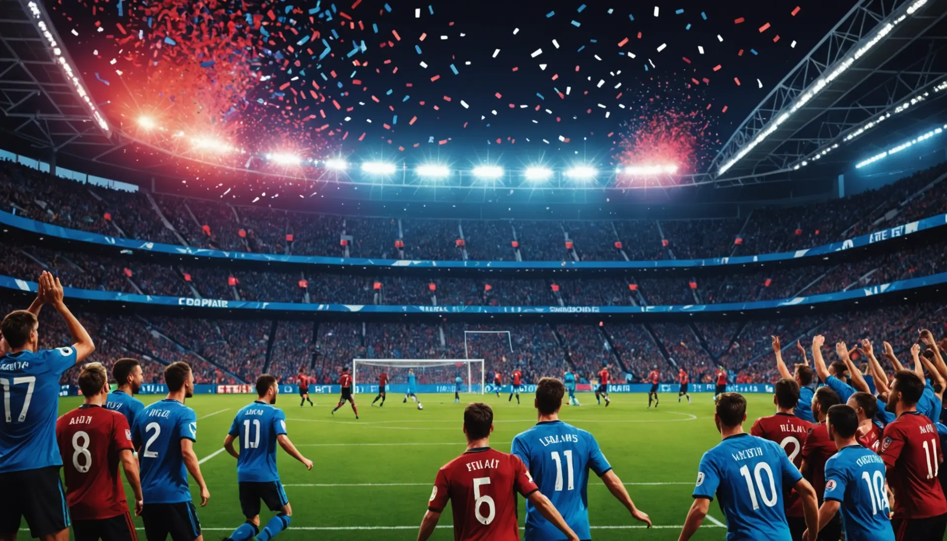 Editorial illustration showing a dramatic soccer match scene with scoreboard reading AET, what does aet mean in soccer