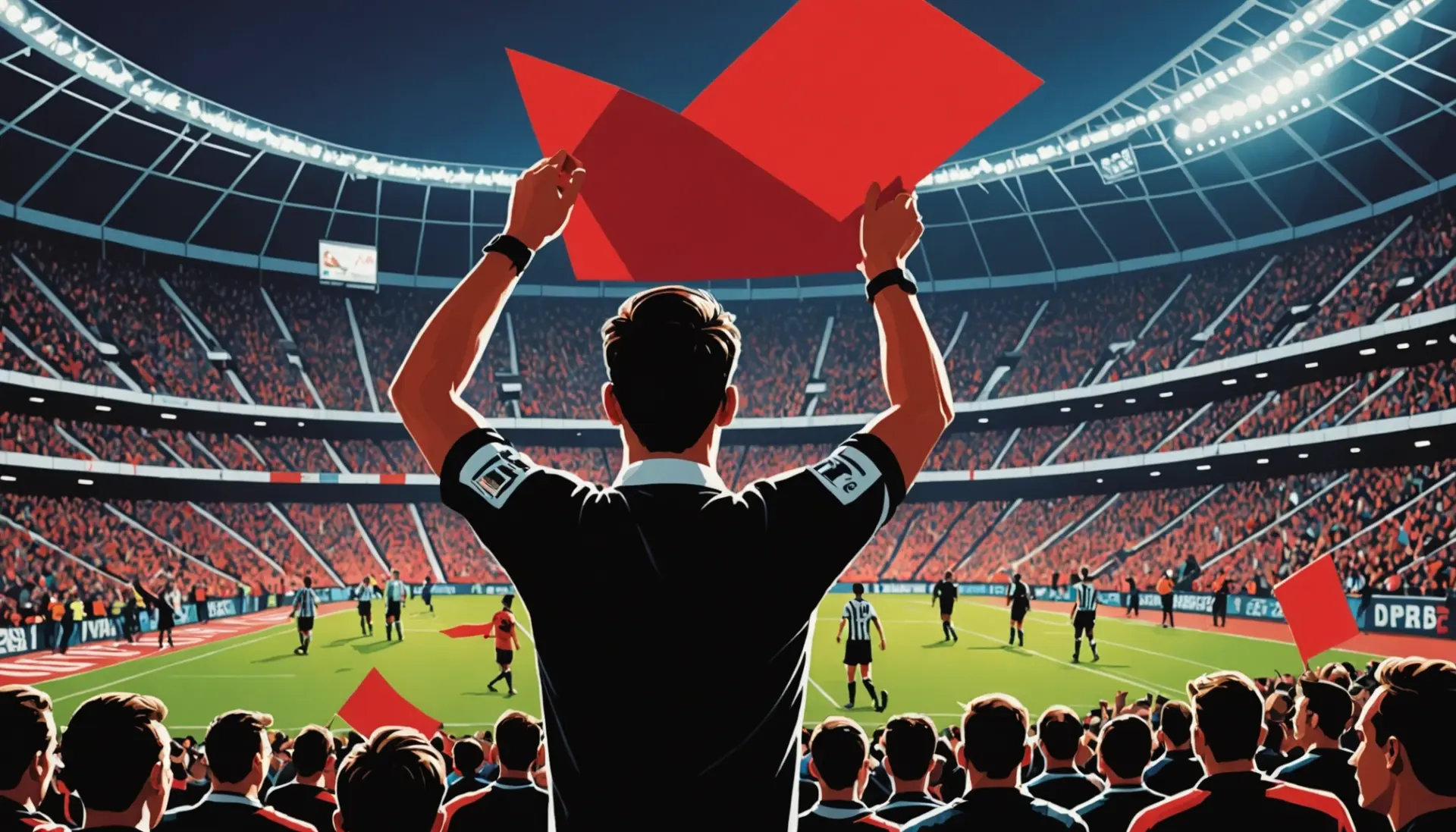 Editorial illustration showing a referee holding up a red card, with the phrase what does a red card mean in fifa in context