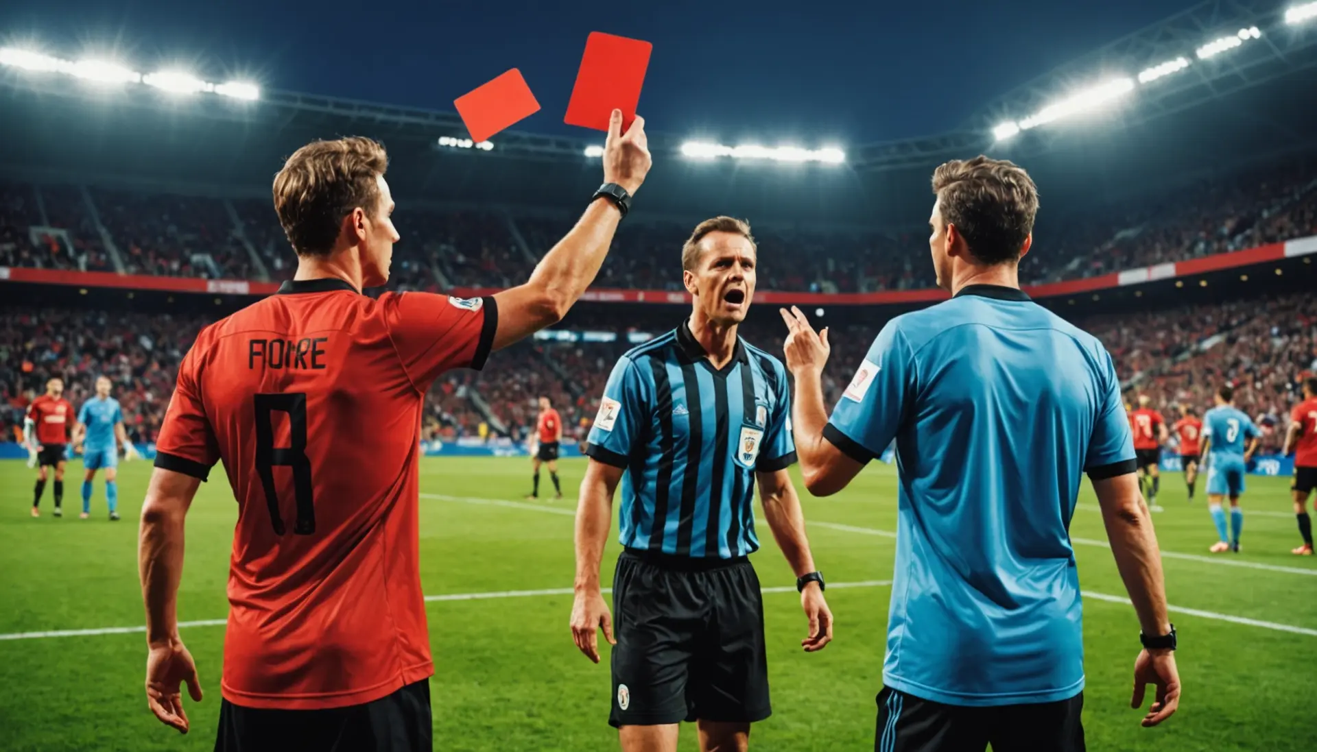 Illustration showing a referee showing a red card during a match with the phrase what does the red card mean in soccer conceptually represented
