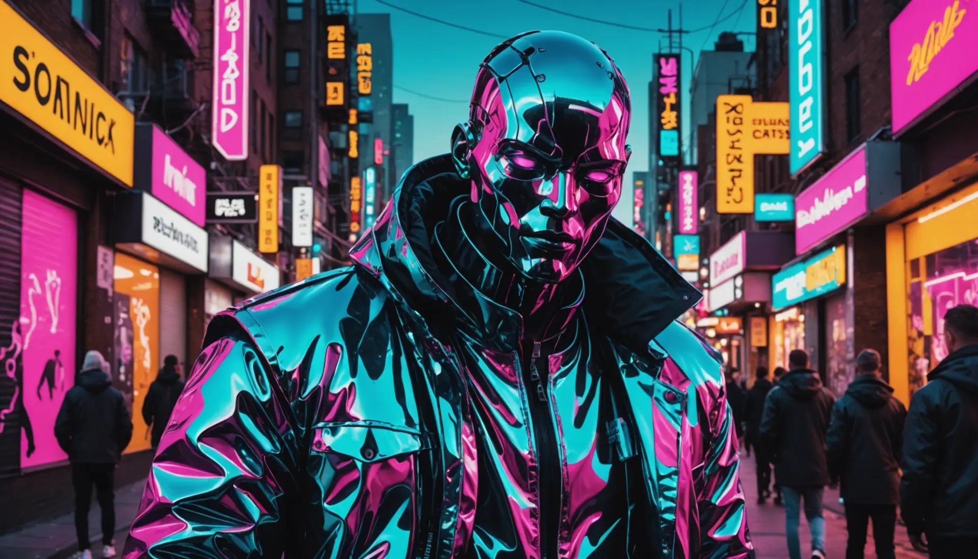 Editorial illustration of a T-1000 style figure with metallic reflections, caption idea: what does t-1000 mean