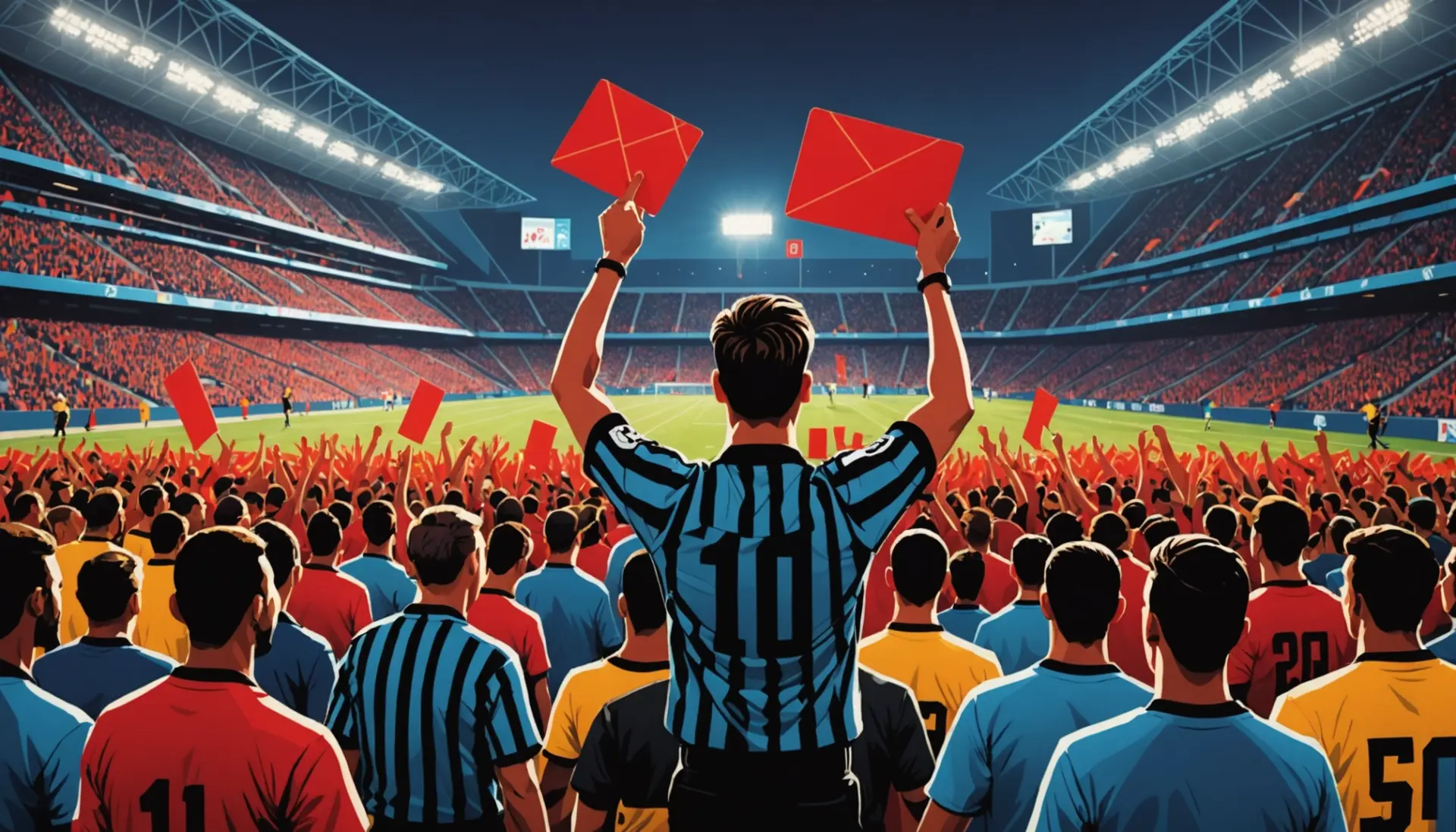 Illustration of a red card shown to a player with the phrase what does a red card in soccer mean implied in context