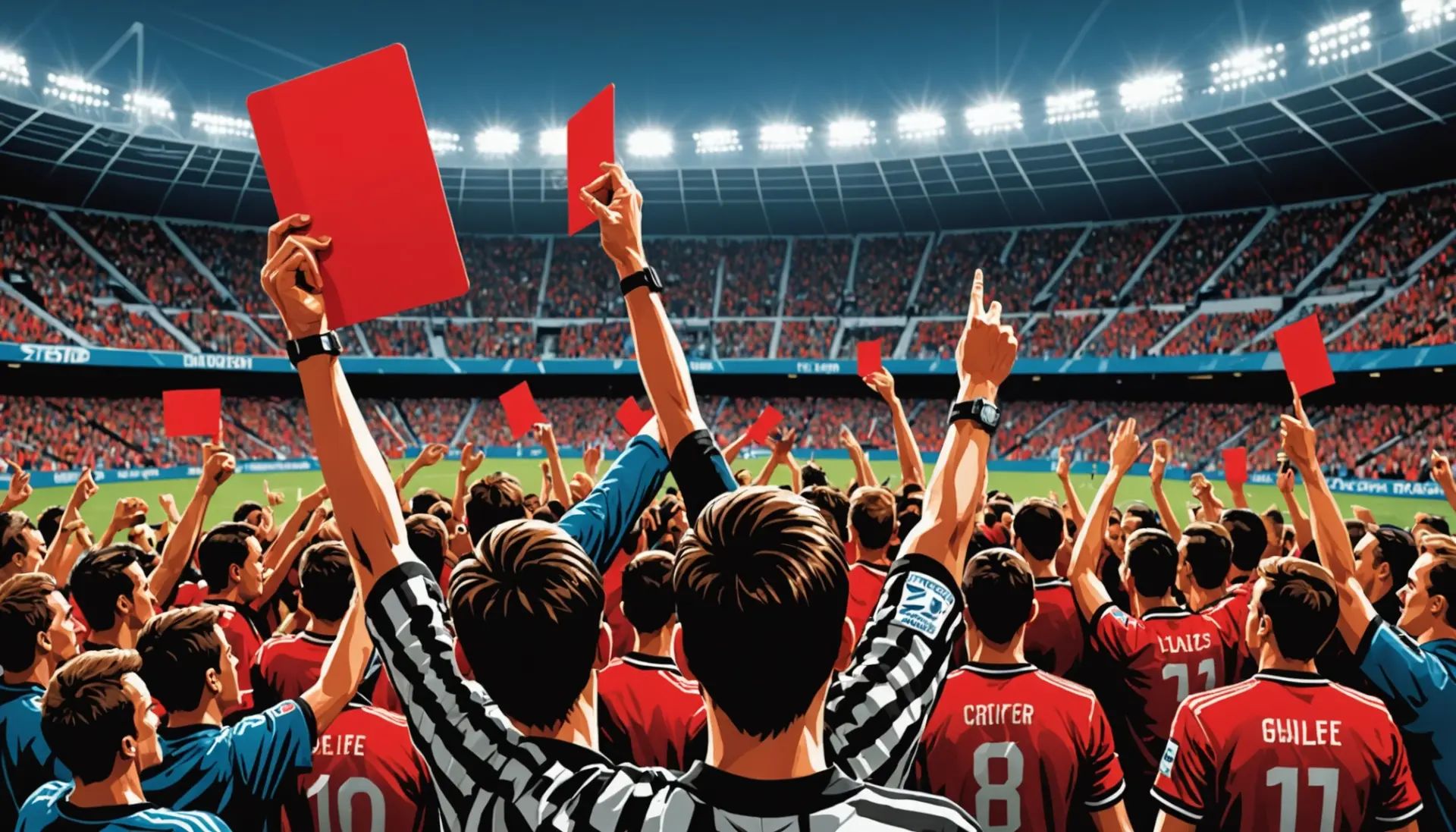 Illustration showing a referee holding a red card with the phrase what does a red card in the world cup mean implied