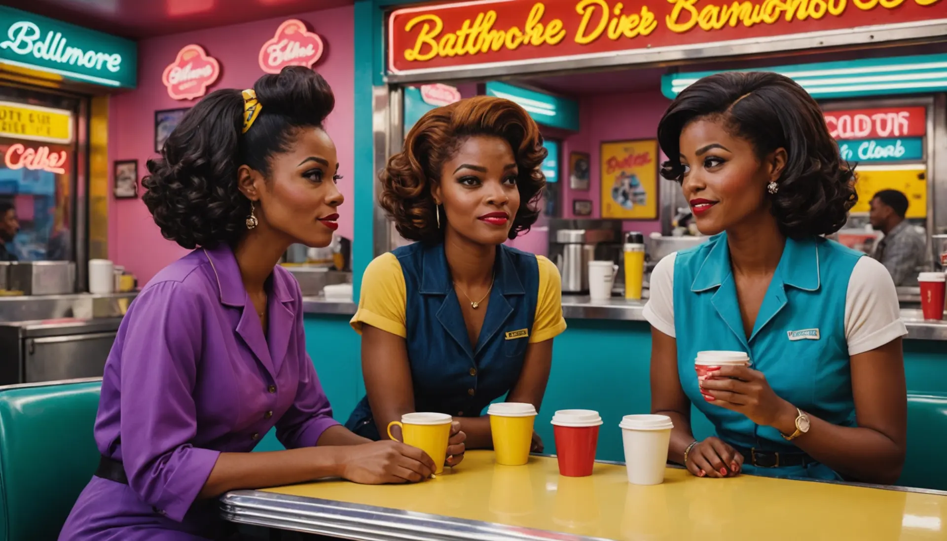 Editorial illustration of a diner scene highlighting the phrase hon urban dictionary and Baltimore vibes