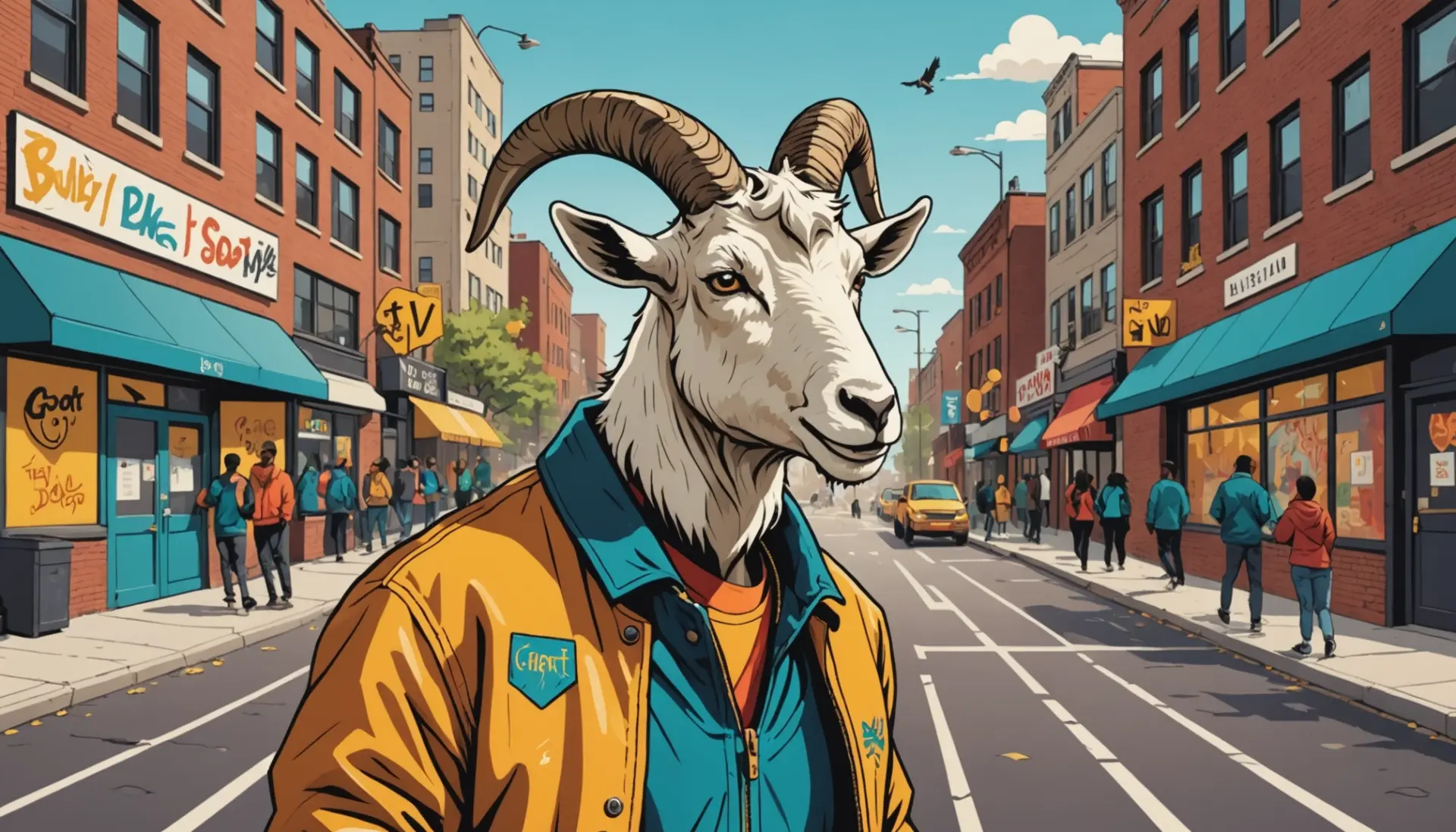 Editorial illustration showing a playful billy goat with urban vibes, labeled as billy goat meaning slang in context