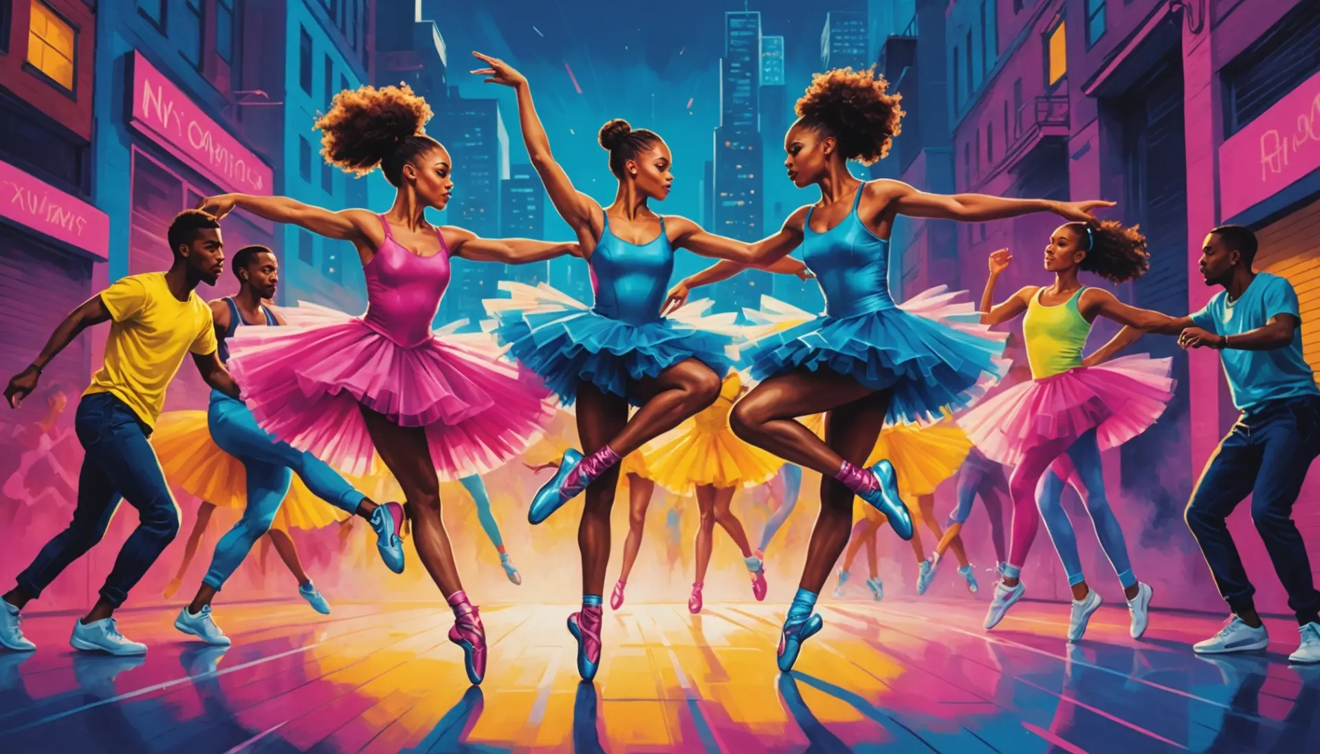 Editorial illustration of dancers blending ballet and hip-hop, representing what is a hiplet slang