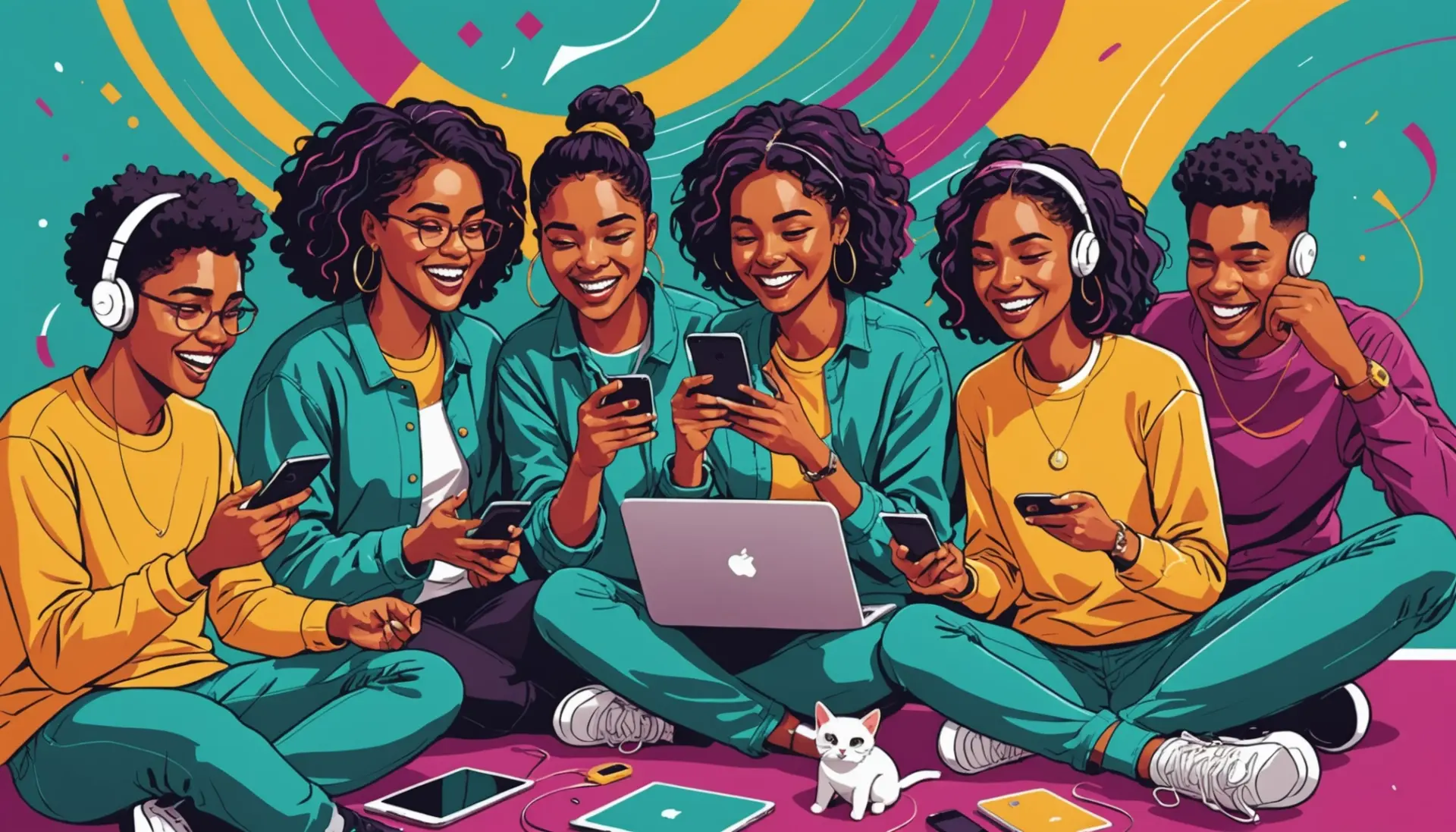 Editorial illustration showing a group reacting with delight, captioned concept for what does purr mean slang