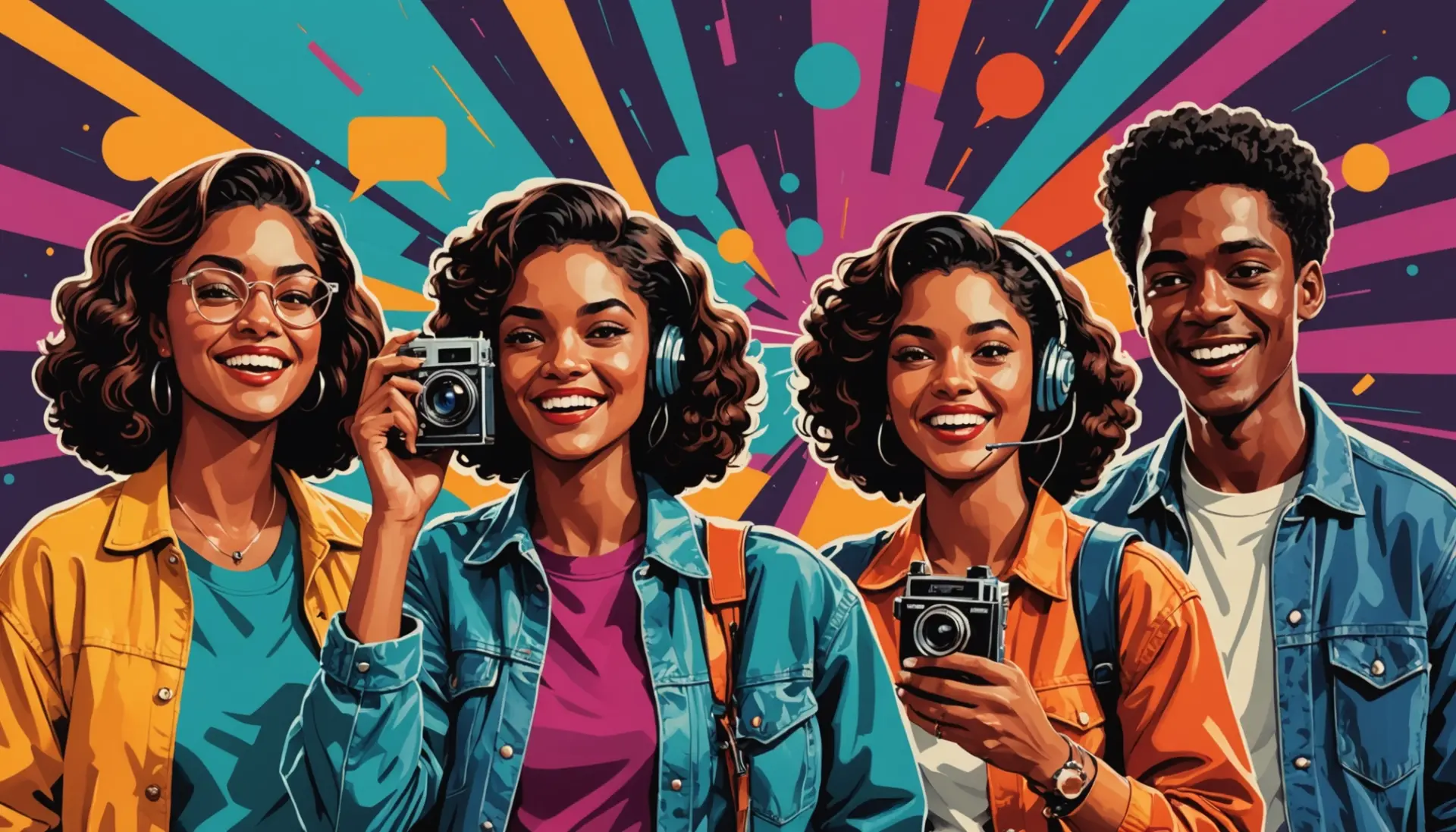 Editorial illustration representing talkies meaning slang with voice bubbles and vintage film elements