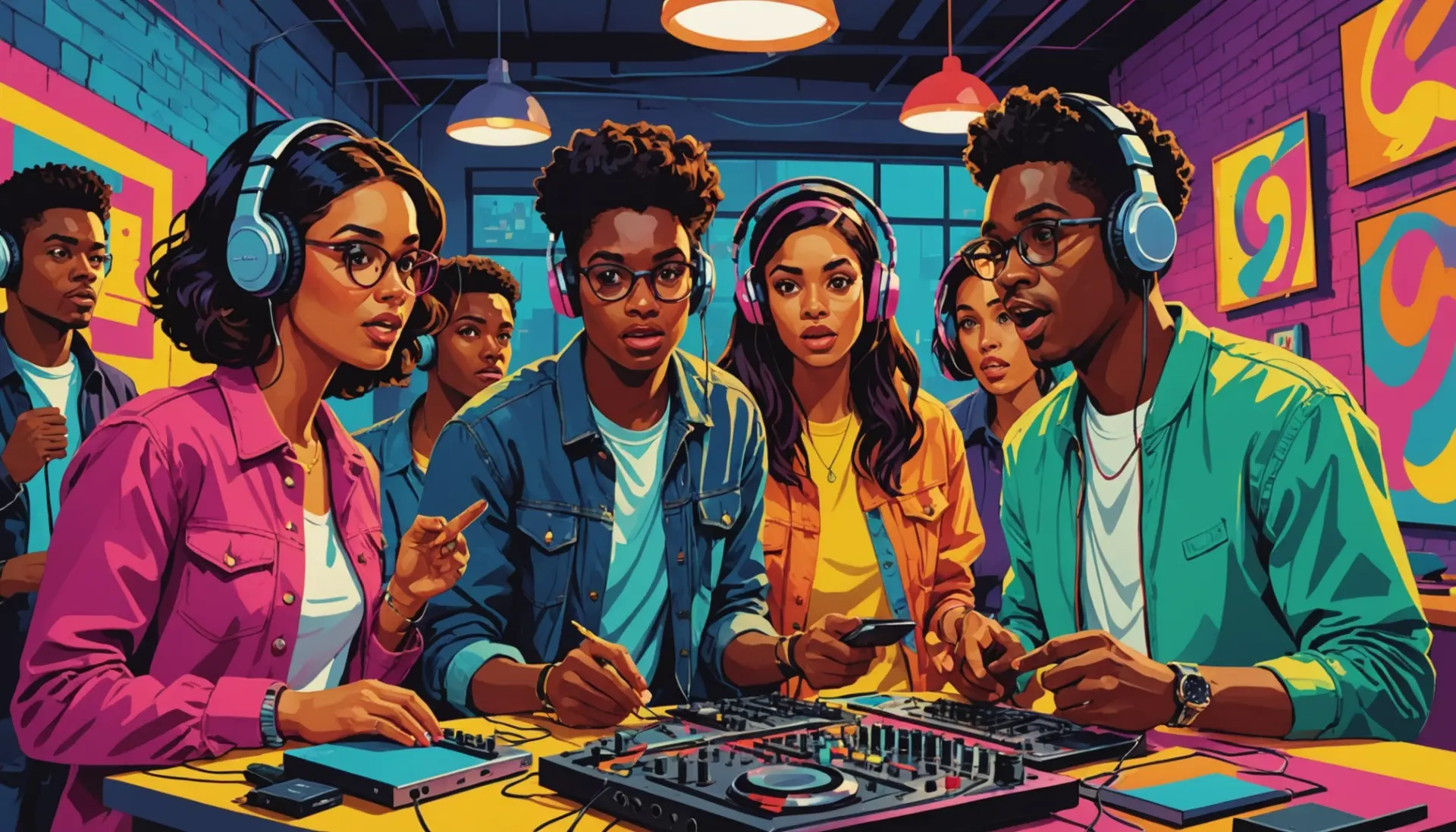Editorial illustration showing young people reacting saying far out meaning slang