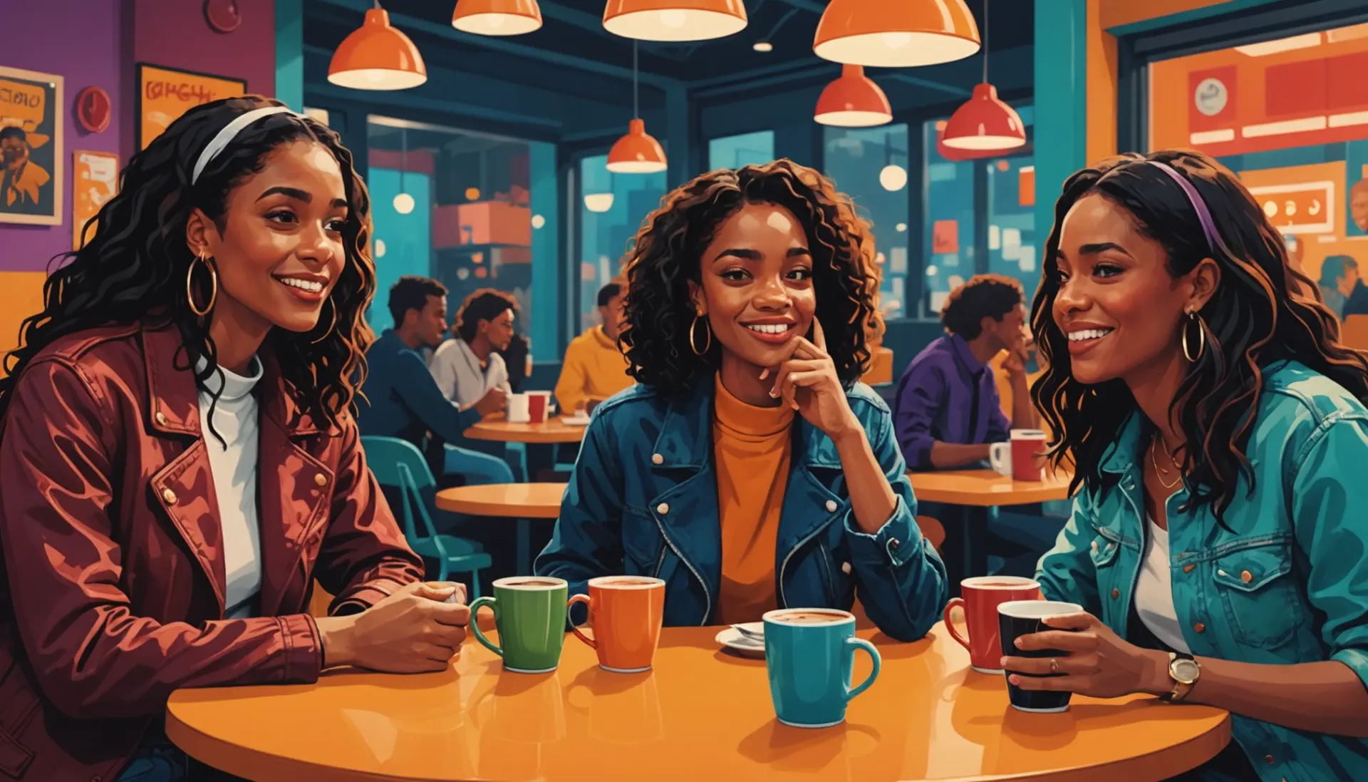 Editorial illustration showing friends sharing gossip over a hot drink, hot drink slang meaning