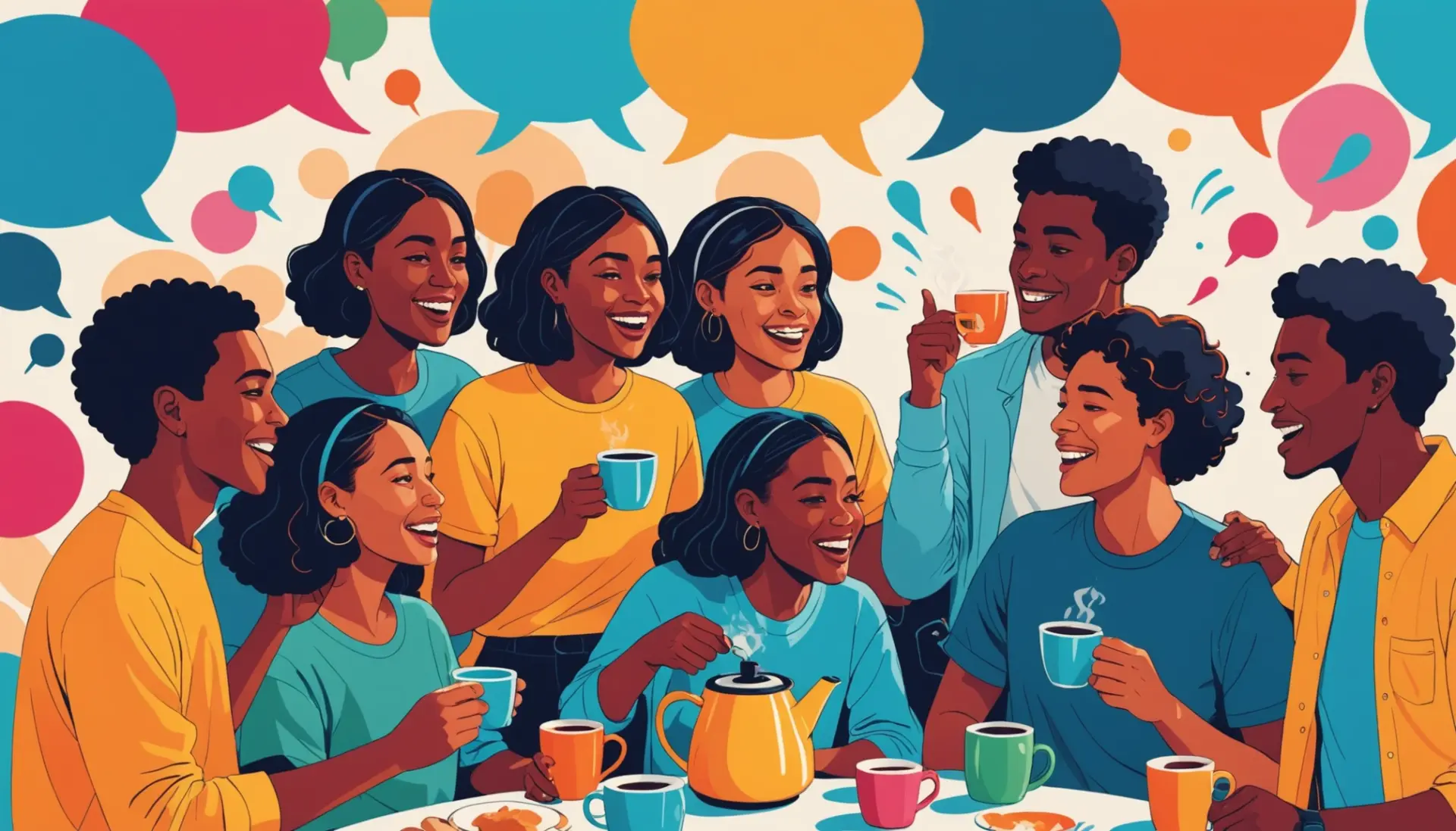 Editorial illustration of people sharing gossip over coffee, representing hot drink slang meaning