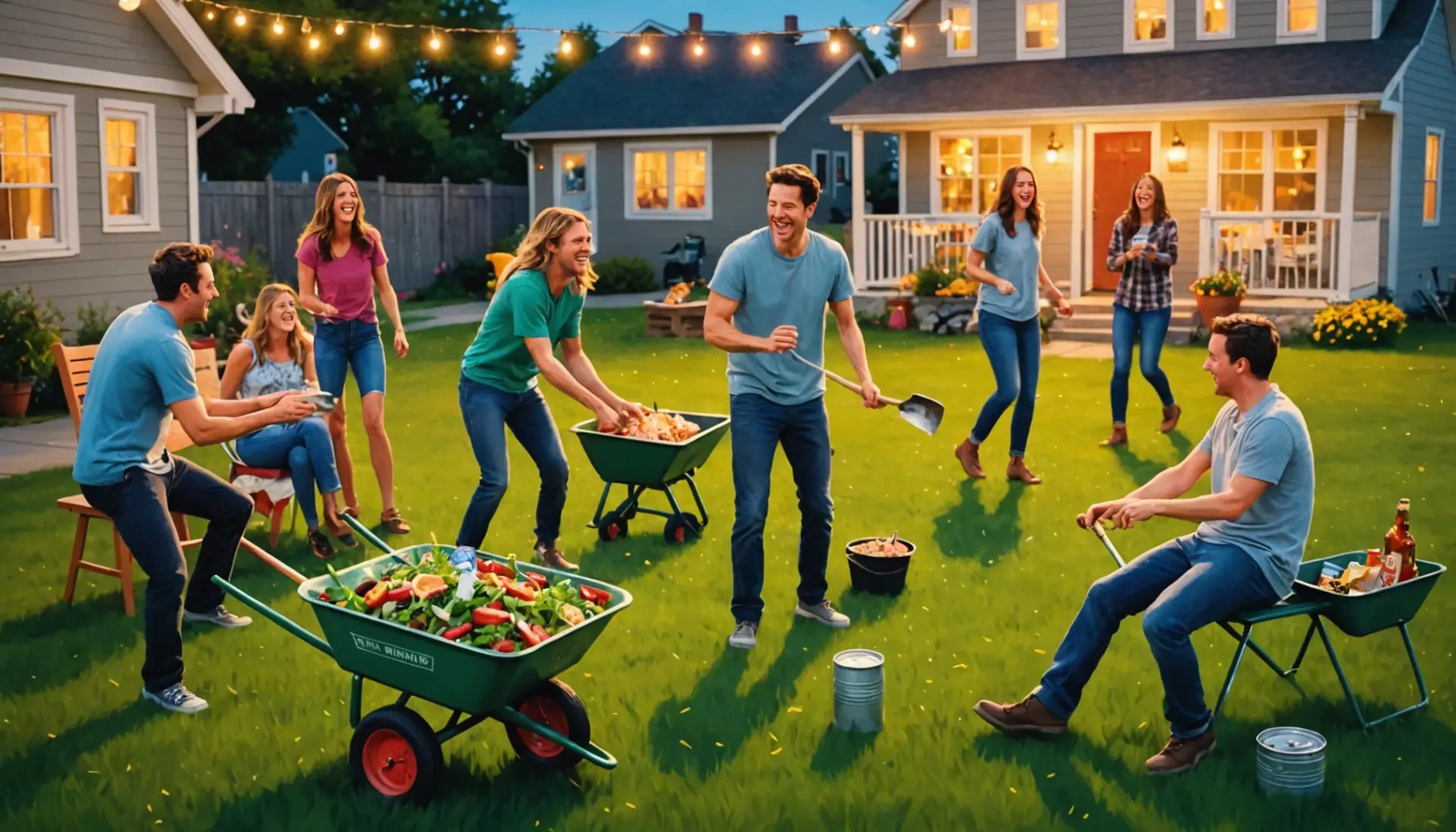 Illustration of a backyard party scene hinting at a Wisconsin wheelbarrow urban dictionary moment