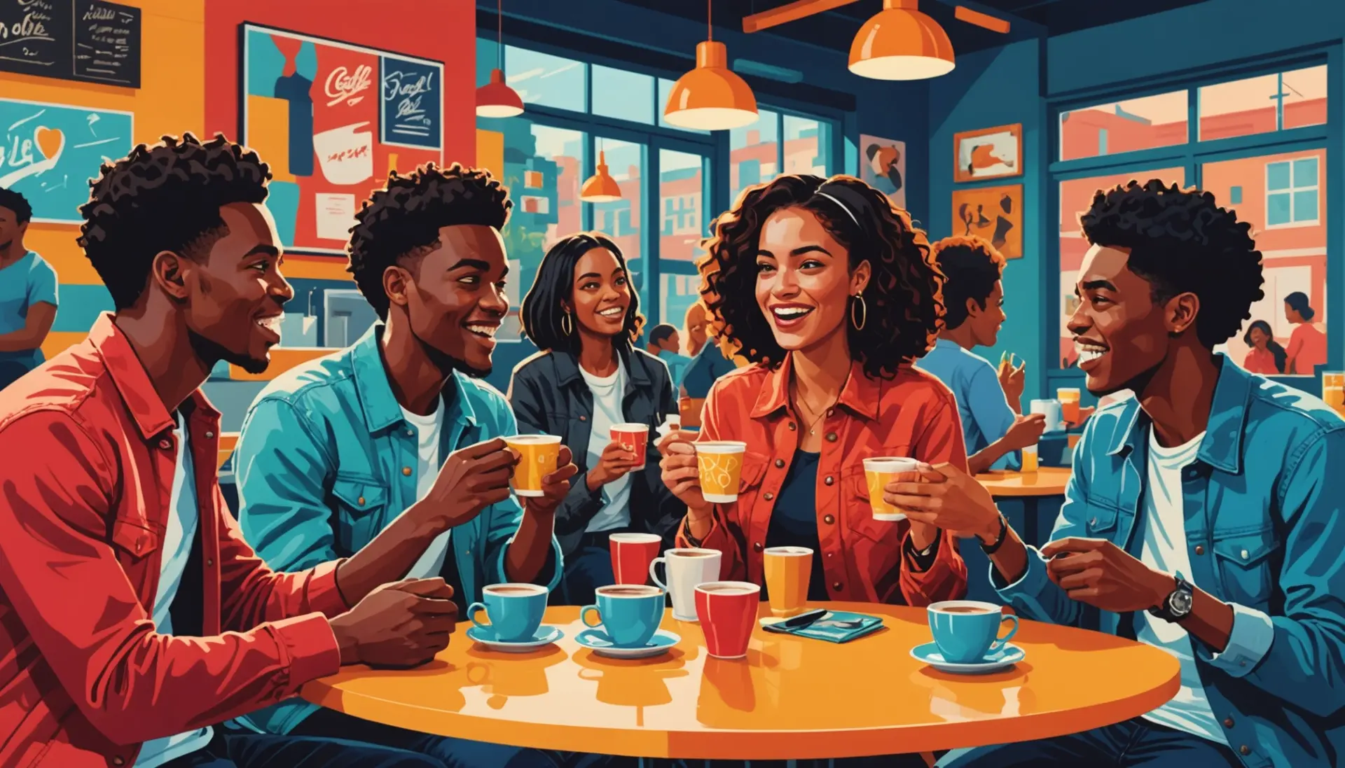Editorial illustration showing people gossiping over coffee, labeled for hot drink meaning slang