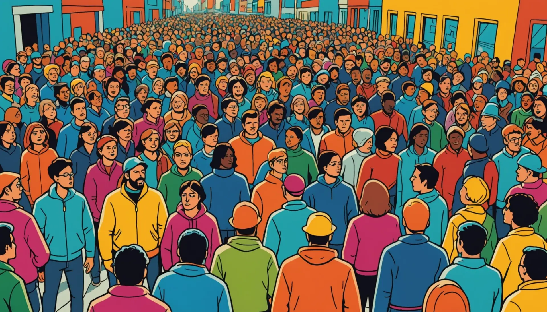 Illustration of a colorful crowd with one strange out-of-place figure, representing slang for unknown weird interloper