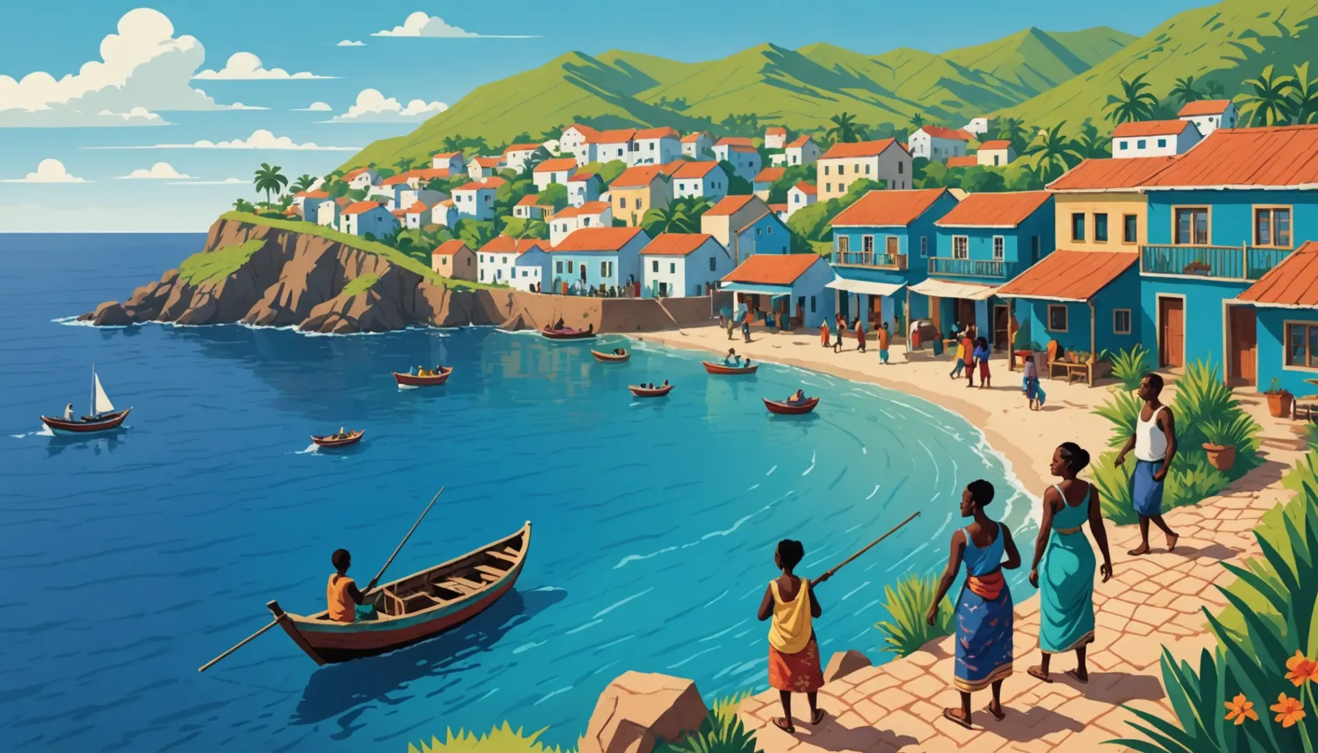 Editorial illustration showing islanders near a green cape with text-free visual cues, caption includes what does cabo verde mean