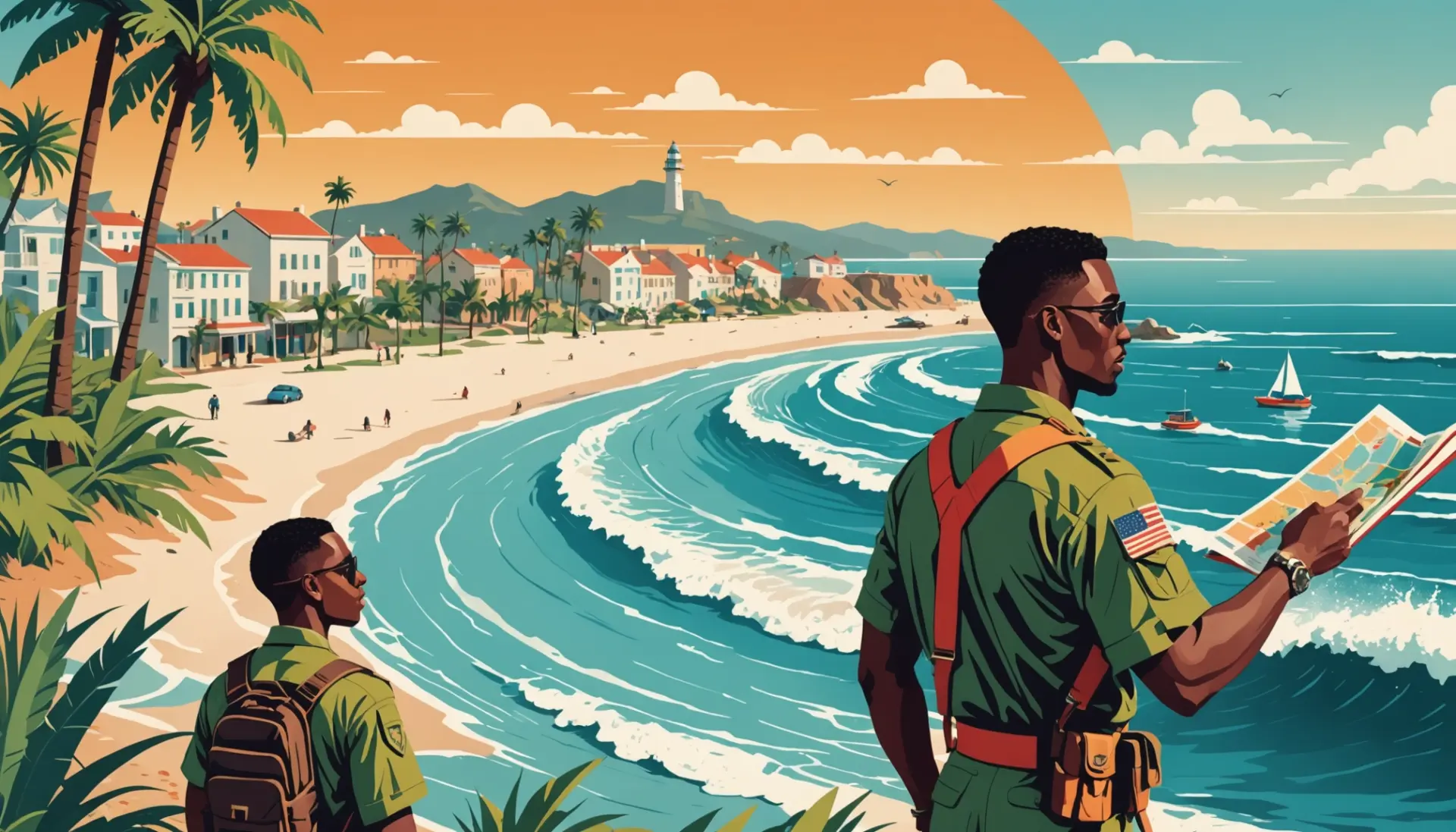 Editorial illustration of travelers and a map showing Cabo, with the phrase what does cabo mean in spanish concept