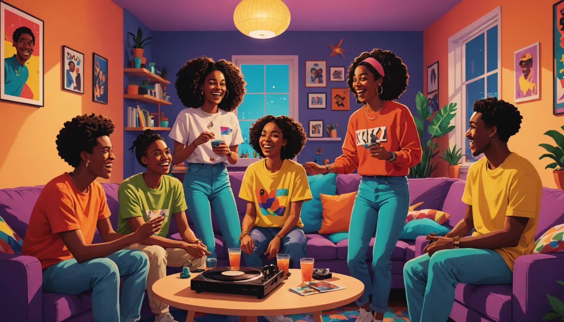 Editorial illustration of a lively kiki scene, caption context for what is a kiki urban dictionary