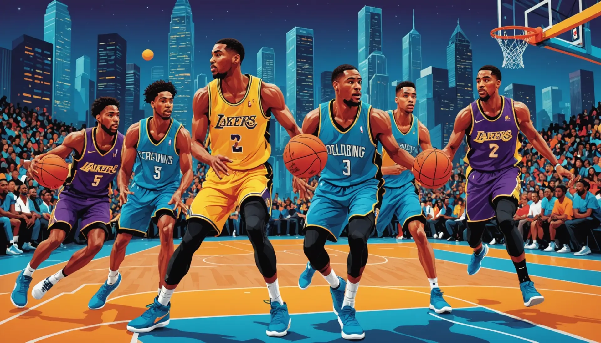 Editorial illustration of players in an iso meaning slang basketball one-on-one moment
