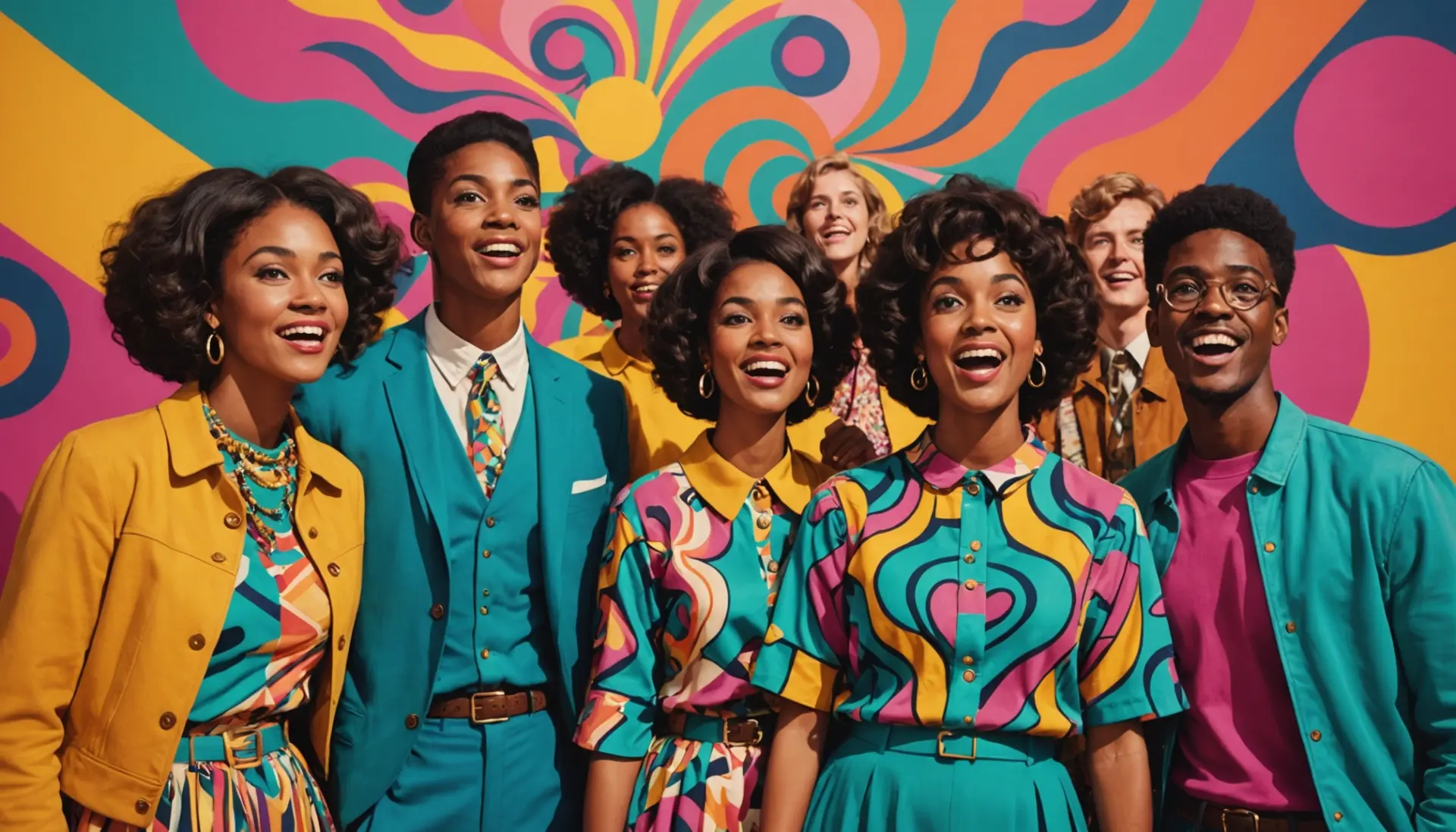 Editorial illustration showing people reacting to a 'far out slang meaning' moment with 60s vibes