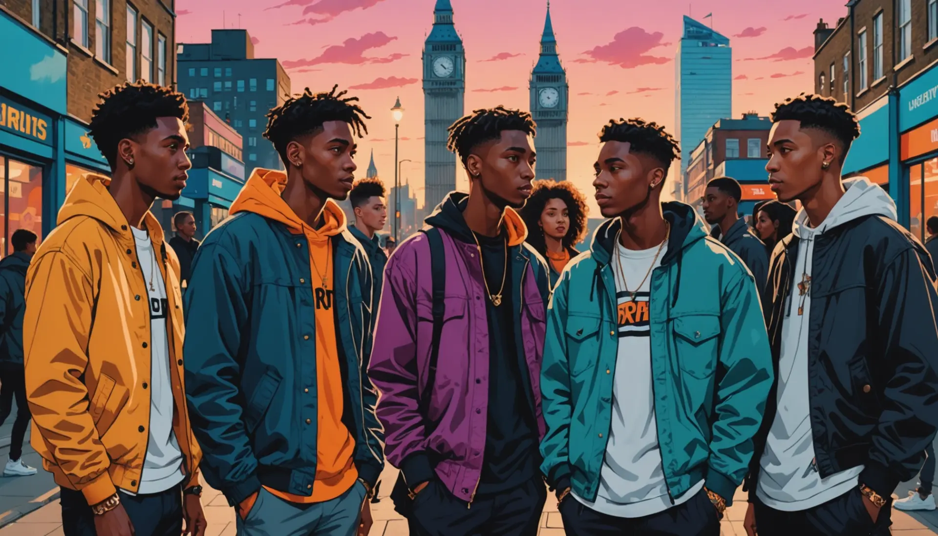 Editorial illustration of young Brits using nitty british slang in conversation