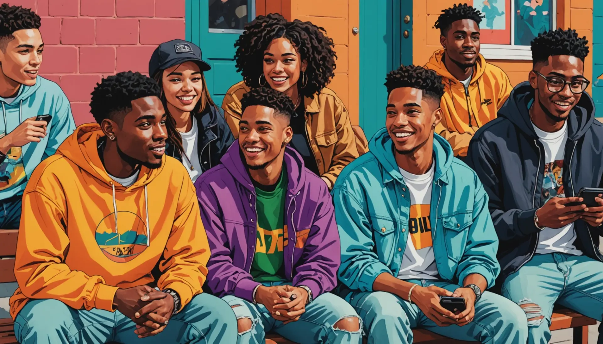 Editorial art showing young people using slang, caption concept: shirt slang meaning