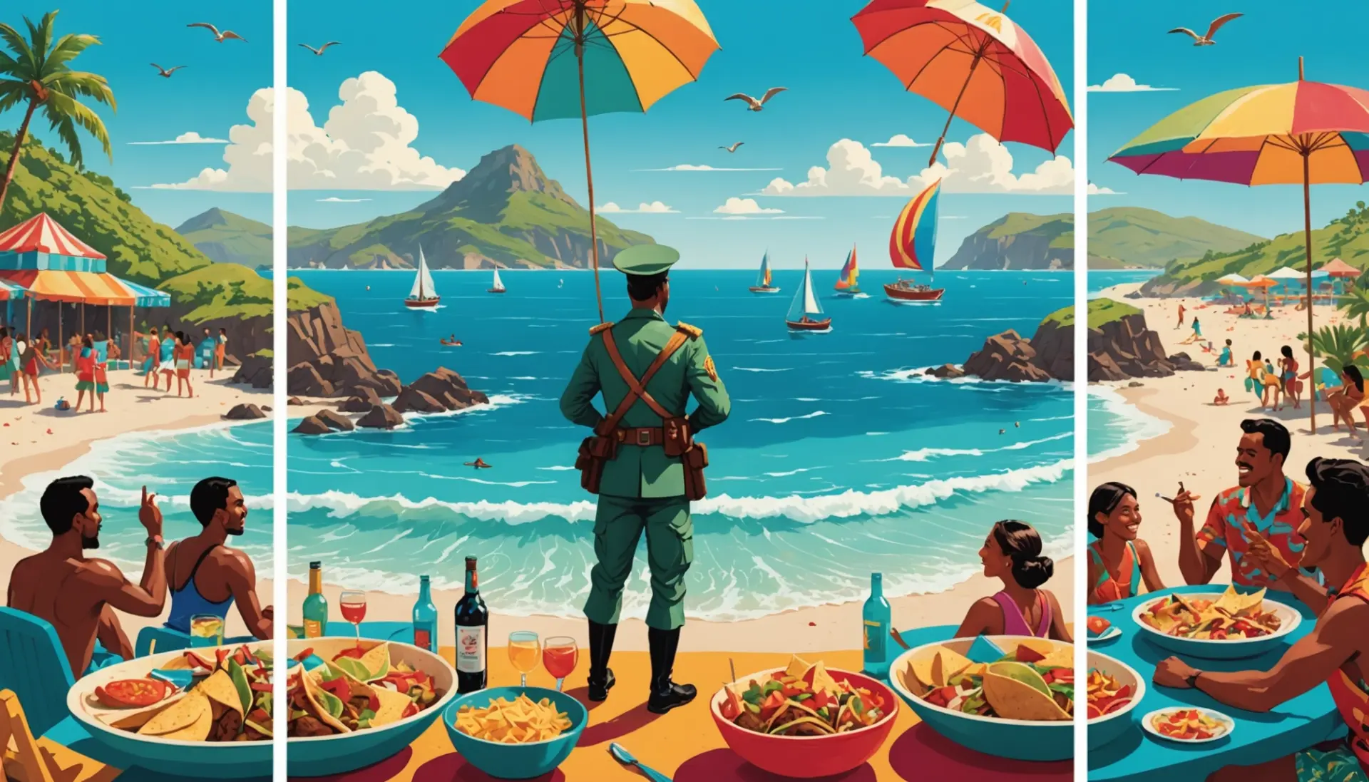Illustration showing people by the sea with a sign reading a cape and a suitcase, representing what does cabo mean in english