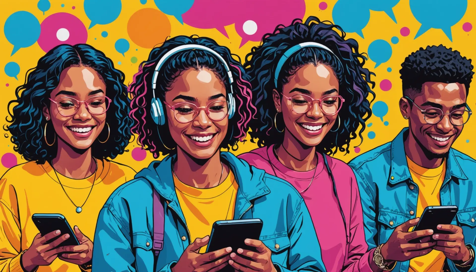 Editorial illustration showing people texting with the phrase rmb meaning slang visible as a chat bubble