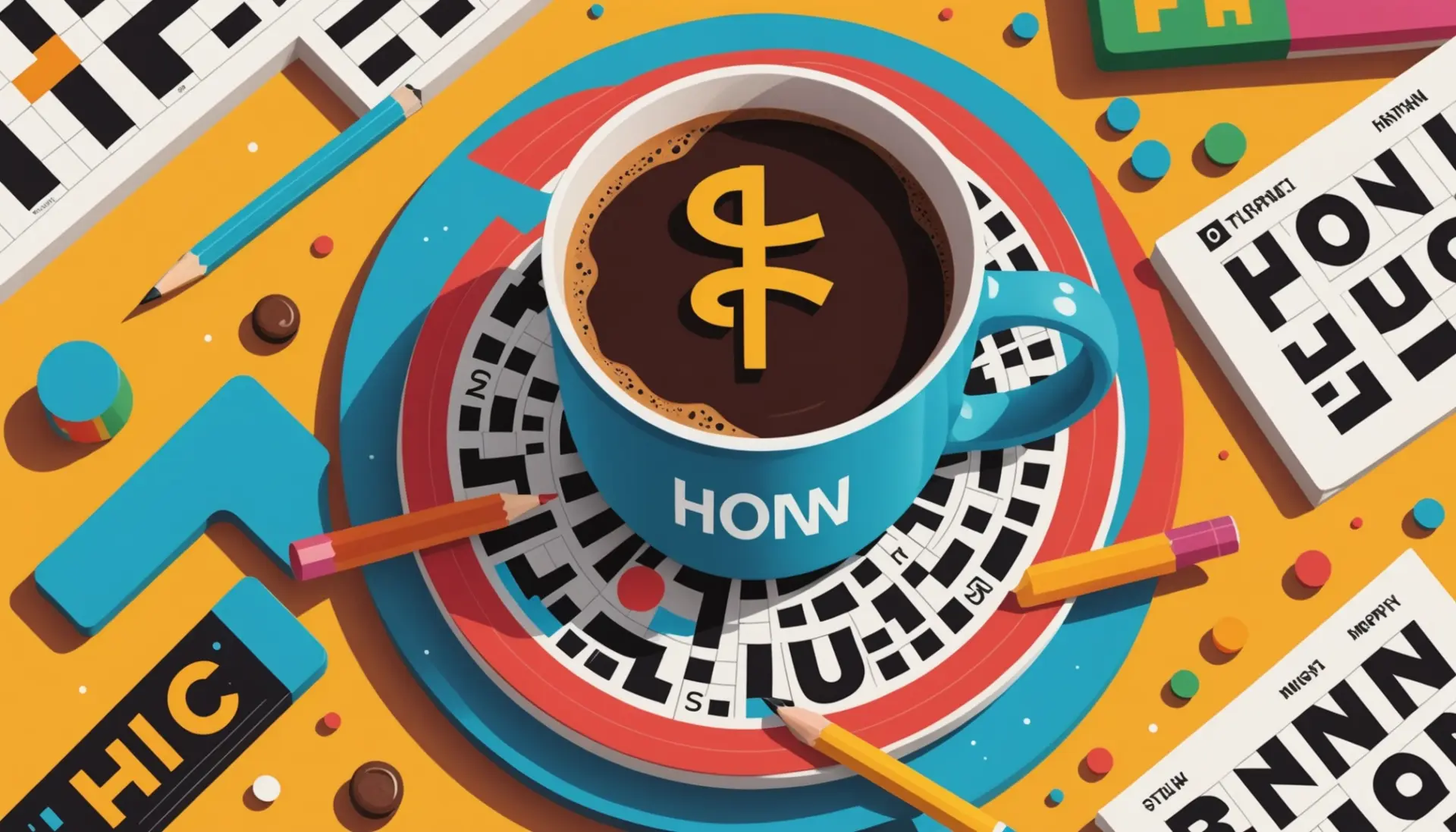 Bright editorial scene showing a crossword with the answer HON circled, sweetie in slang crossword clue 3 letters