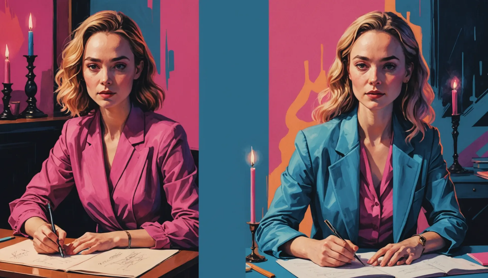 Editorial illustration of a villanelle theme showing a poet and a mysterious femme fatale, with the phrase what does villanelle mean implied visually