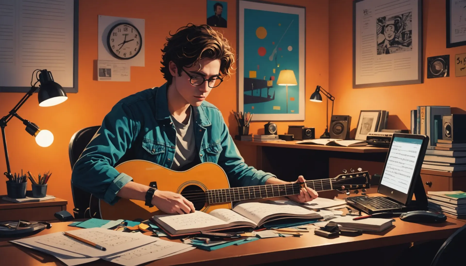 Editorial illustration representing the question 'what does 25 or 6 to 4 mean' with a clock showing 3:34 AM and a songwriter at a desk