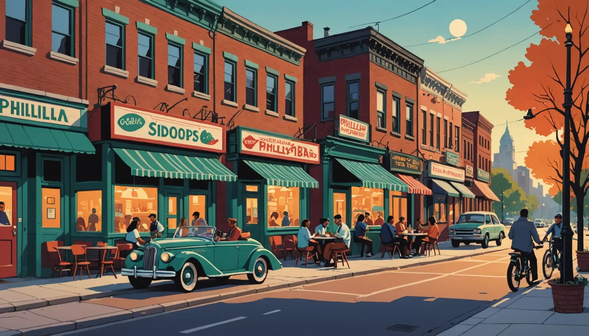 Editorial illustration of people hanging out in Philadelphia with the phrase philadelphia sidecar slang depicted conceptually