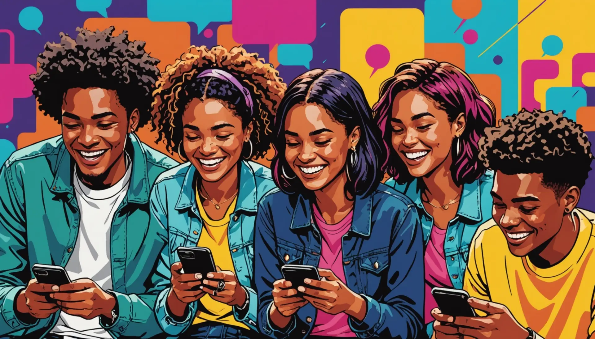 Editorial illustration showing people texting, caption includes what does lmso mean in text vibe