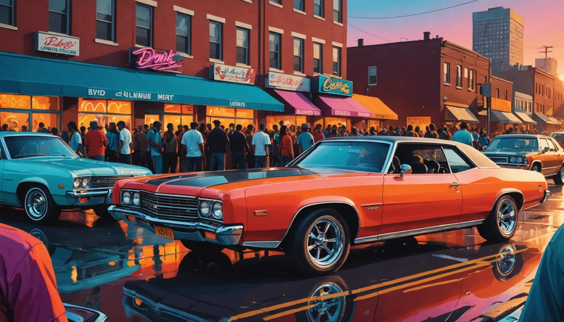 Editorial illustration of a donk car and a skyline, representing donk urban dictionary