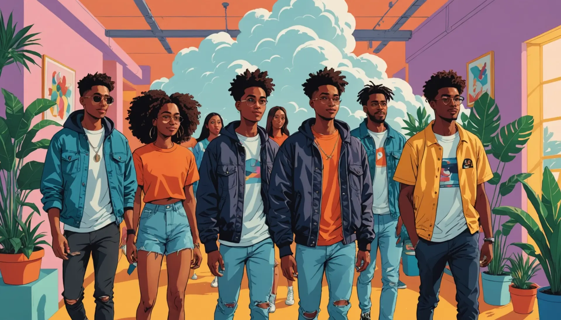 Editorial illustration featuring people and a trail of cartoonized smell, representing crop dusting meaning slang