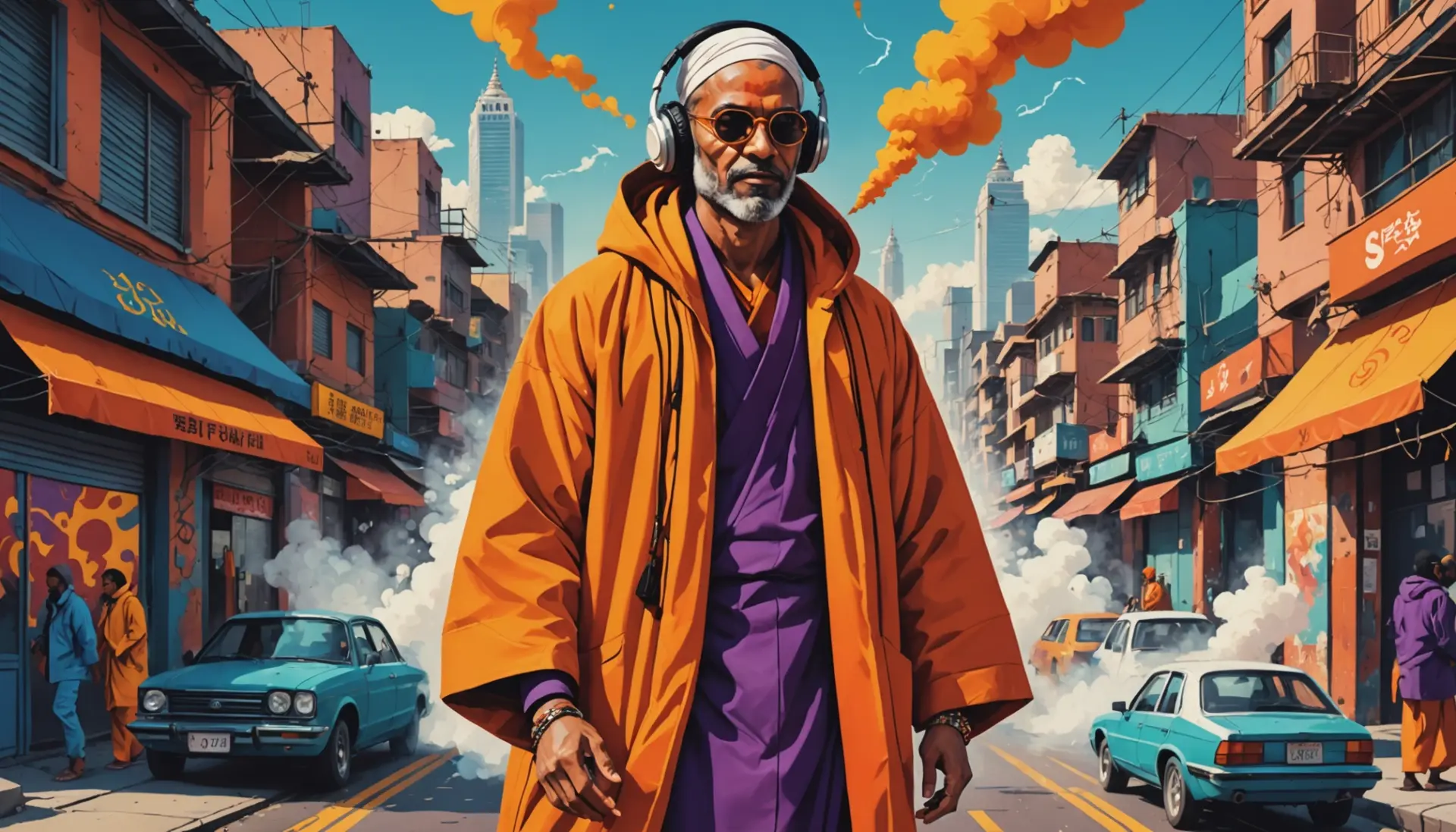 Editorial illustration of a modern swami figure, with the phrase what does swami mean implied by context