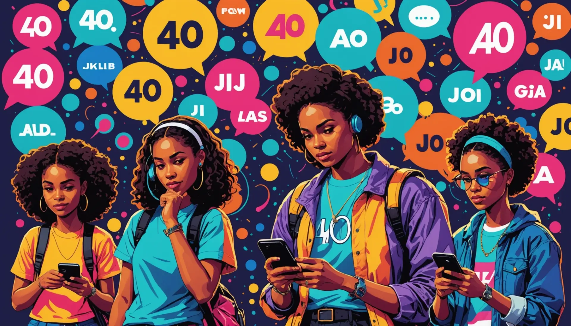 Editorial illustration showing the phrase what does 40j mean as part of a collage of online handles and chat bubbles
