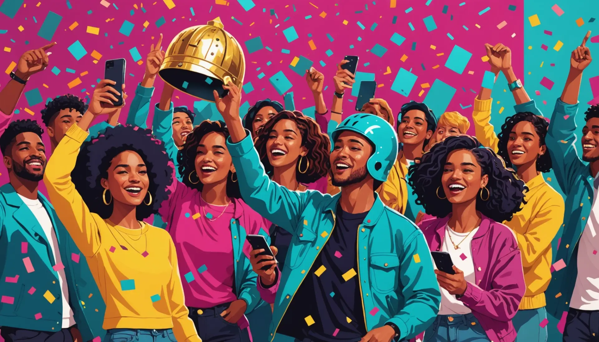 Editorial illustration showing people celebrating a 100 milestone, centurion meaning slang