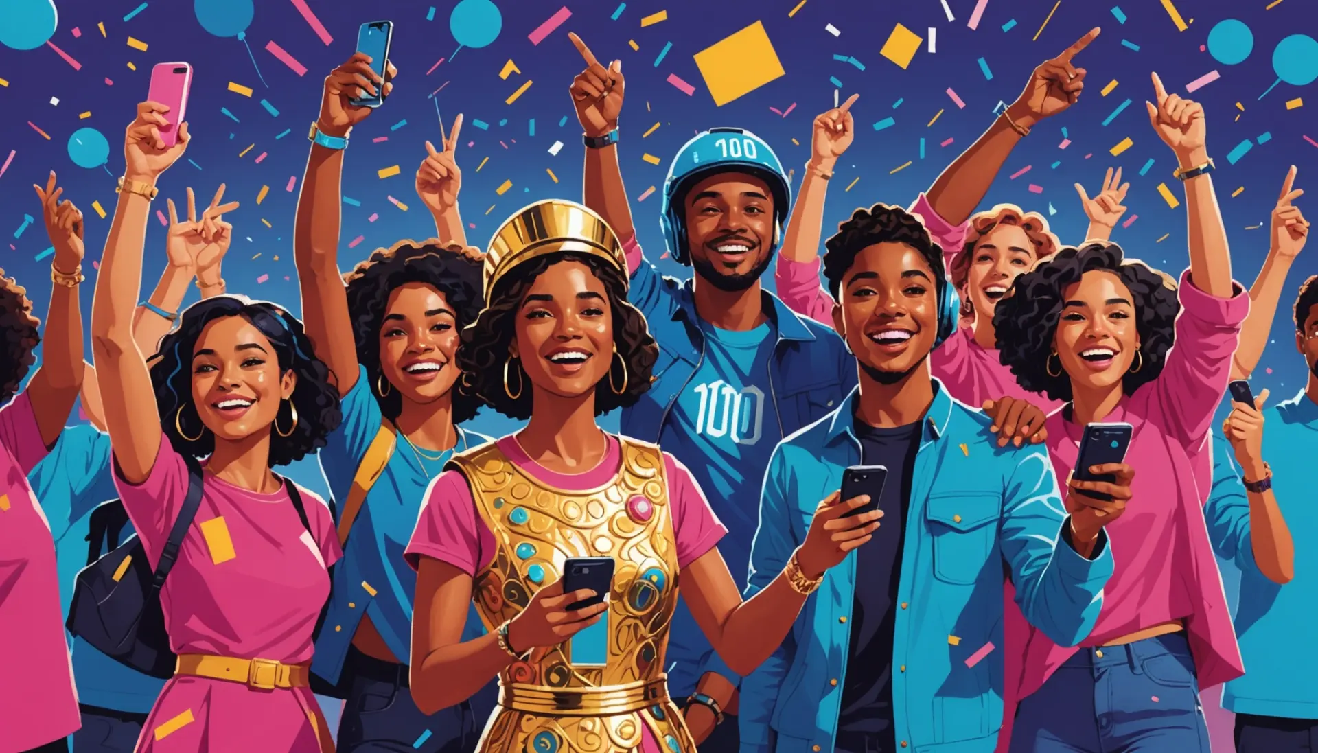 Editorial illustration showing people celebrating a 100 milestone with centurion slang energy