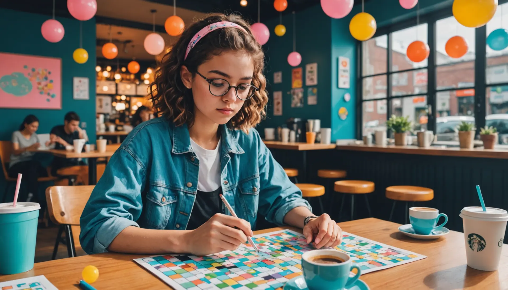 Editorial illustration of a solver thinking about the clue 'cute in modern slang crossword' with sticky notes like ADORBS and KAWAII