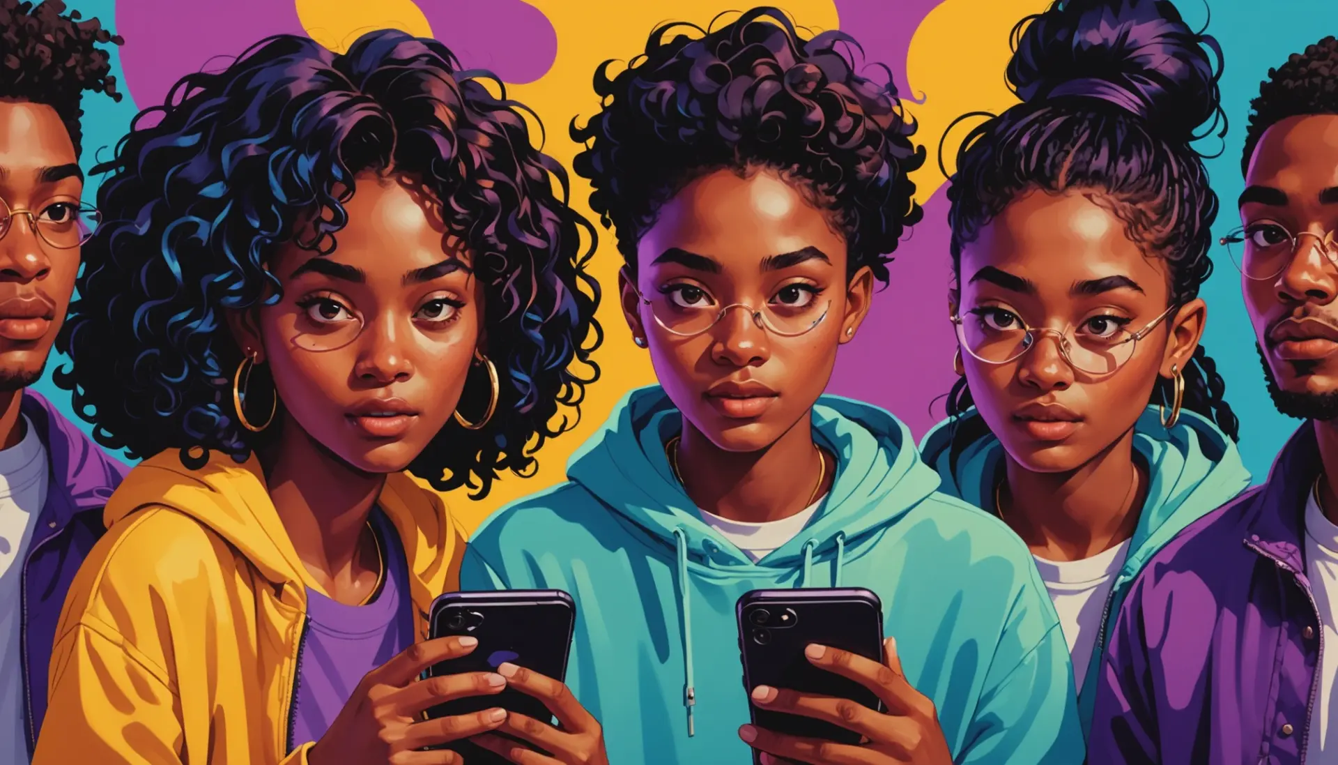 Editorial illustration showing people reacting to a Snapchat story with the eyes emoji, what does the eyes emoji on snapchat story mean
