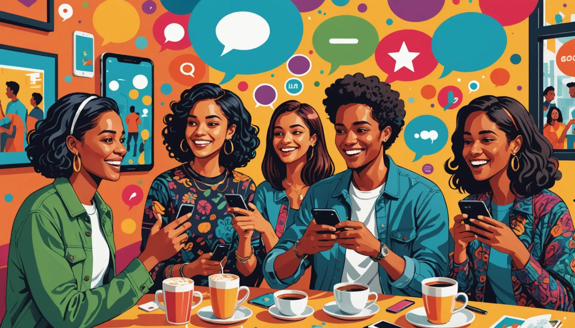 Editorial illustration showing people using phones and laughing, caption concept for swamy meaning slang