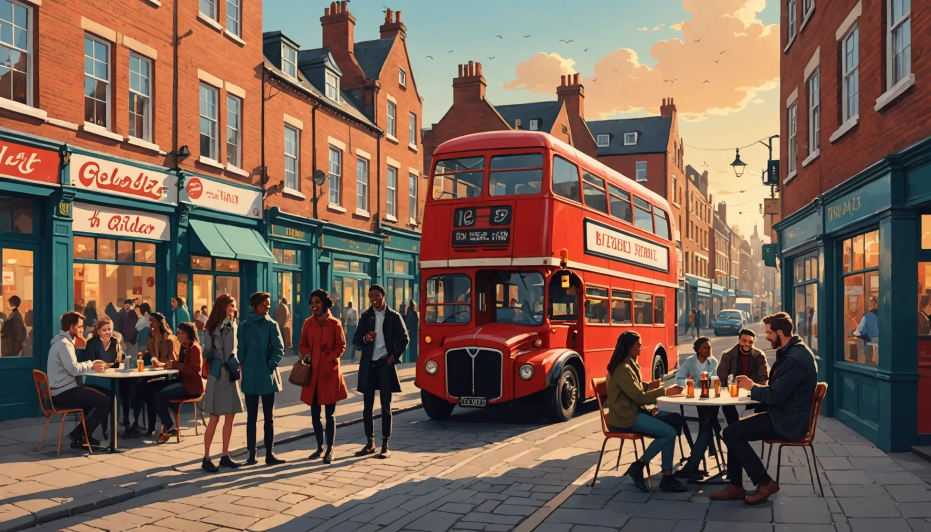Vibrant street scene showing diverse young people using england slang in conversation