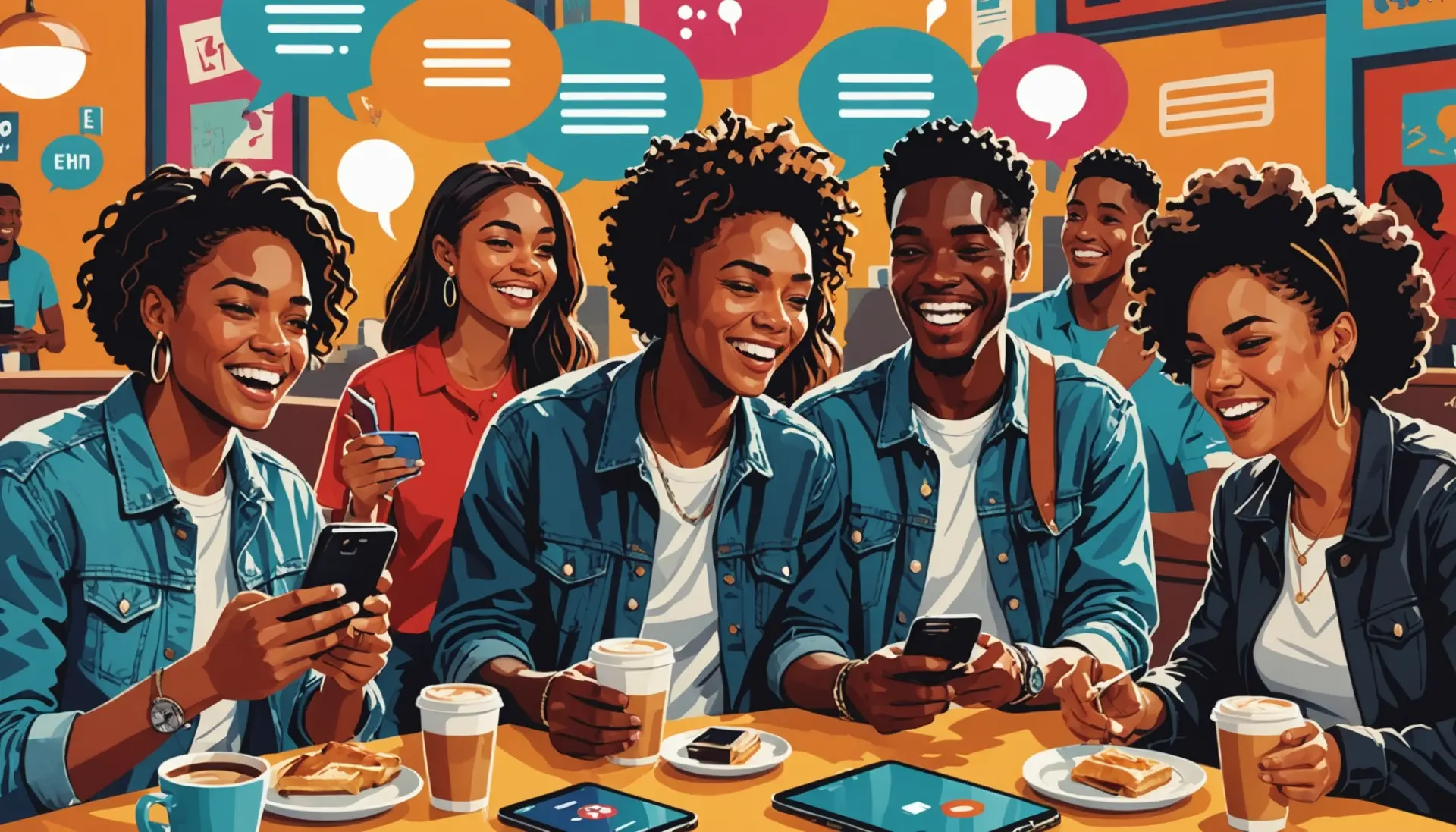 Editorial illustration of people using phones and chatting, highlighting the phrase fine urban dictionary