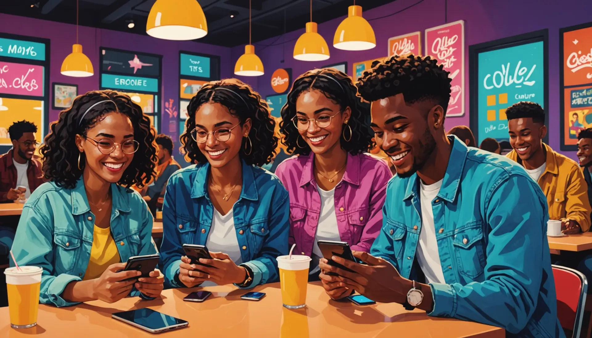 Editorial illustration showing teens using phones with the phrase pwmd meaning slang implied in context