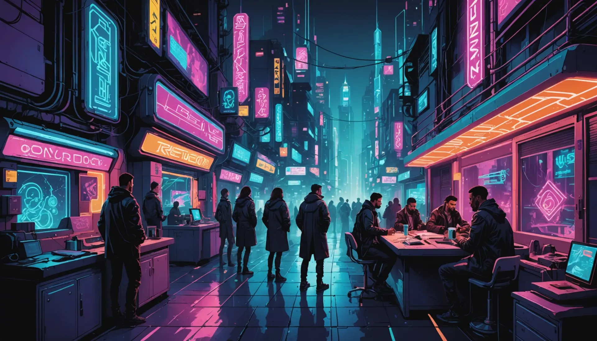 Editorial scene illustrating cyberpunk slang terms with neon text and characters like a netrunner and ripperdoc