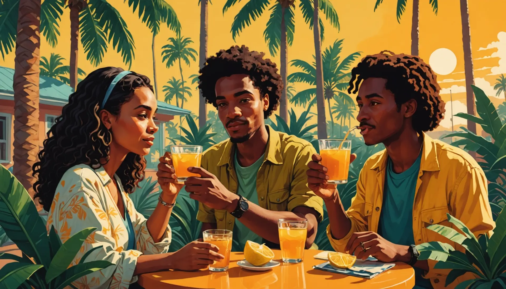 Editorial illustration of people sharing drinks, caption-free, asking what does toddy mean